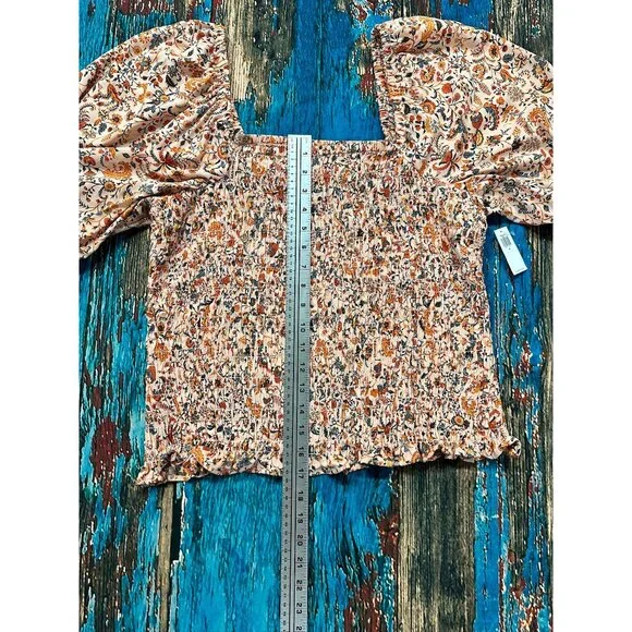 Shirts/NWT Old Navy Peach Floral Smocked Puff Sleeve Peplum Square Neckline XL - Picture 8 of 12